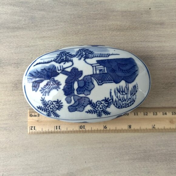 Vintage Ceramic Oriental Blue Painted Trinket Box Oval, Jewelry - Picture 7 of 11